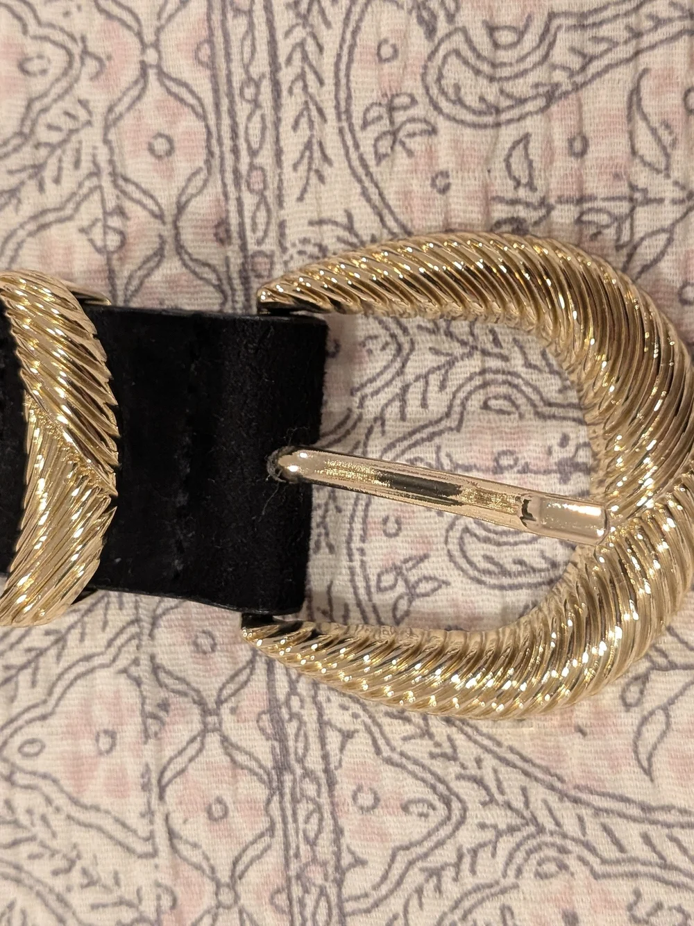 H&M Black Suede Belt with Textured Gold Buckle